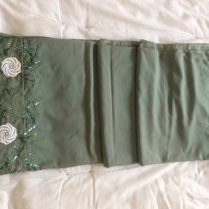- Leafy Green soft nylon crepe sari with hand sewn beads sequences boarder
